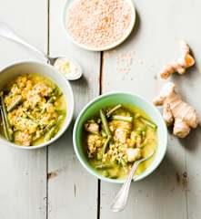 Soupe complète haricots verts, lentilles corail, porc et épices
