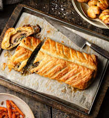 Mushroom Wellington, Mushroom Gravy, Crispy New Potatoes and Maple-glazed Carrots