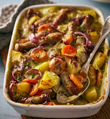 Kartoffel-Möhren-Auflauf mit Würstchen und Kräuter-Käse-Sauce