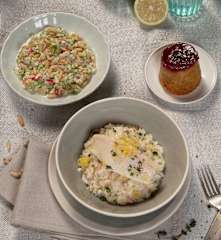 Menü: Rohkostsalat, Forelle mit Zitronenrisotto und Marmeladeküchlein