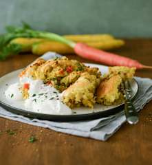 Wurzelschmarrn aus dem Ofen mit Sauerrahmdip