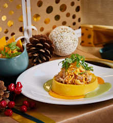 Recette du chef Eric Guérin : Royale de courge butternut, rémoulade pomme-courge tourteau, jus pomme livèche