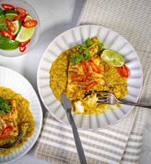Curry coconut fish with spiced lentils