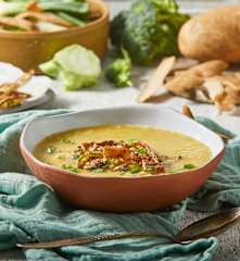 Broccoli Stem Soup with Crispy Potato Skins