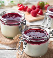 Almond milk jellies with fruit coulis