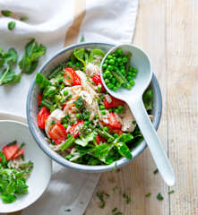 Poulet à la menthe, légumes et fraises