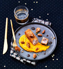 Ris de veau panés et laqués, mousseline de potimarron à l'amande