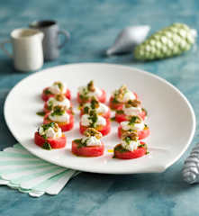 Watermelon canapés with whipped feta and walnuts