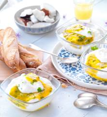 Mousse fromage blanc, mangue et coriandre