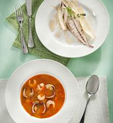 Menú: Sopa de gambas y berberechos con caballa a las hierbas