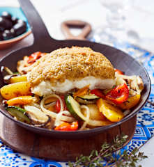 Kabeljau mit Olivenkruste und Ofengemüse