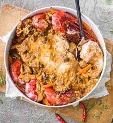 Mero asado con carabineros y ragú de setas