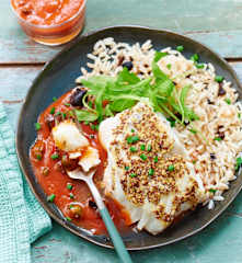 Cabillaud à la moutarde, riz et sauce tomate
