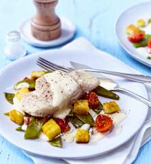 Seelachs mit Dijon-Senfsauce und Currycroûtons