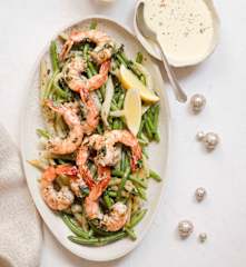 Gambas et haricots sautés à l'ail, mousseline au citron