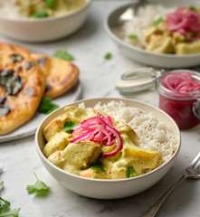 Root Vegetable Korma with Basmati Rice; Garlic Naan Bread and Pickled Red Onions