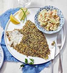 Maischolle mit Pumpernickelkruste und Salat