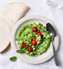 Pea, Cherry Tomato and Feta Hummus Wraps