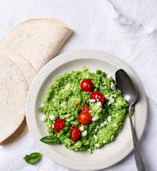 Pea, Cherry Tomato and Feta Hummus Wraps