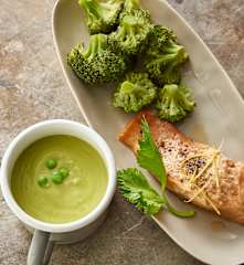 Pea and Ginger Soup, Lemon Salmon with Broccoli