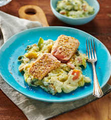 Panierter Körner-Lachs mit Porree-Kartoffel-Stampf