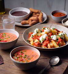 Gazpacho; Patatas Bravas with Aioli; Churros with Chocolate Coconut Ganache