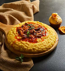 Menù: Polenta con sugo di salamelle e funghi; Muffin all'arancia e nocciole (Bimby Friend)