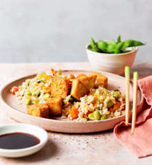 Riz aux légumes au tofu frit et édamames