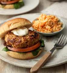 Turkey Cheeseburgers with Buffalo Slaw