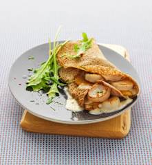 Buckwheat Galettes with Scallops and Andouille Sausage Sauce