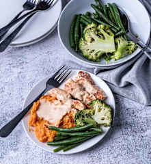 High protein paprika chicken with sweet potato mash and cashew cream