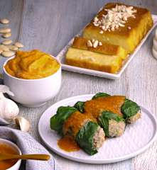 Rollos de acelga con carne, puré de camote y budin de pan