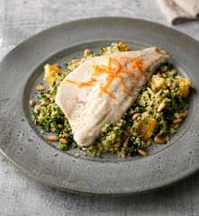 Steamed Sea Bass with Watercress Orange Couscous