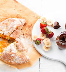 Spinach, Ricotta and Tomato Calzone, Fruit Kebabs with Chocolate Fondue