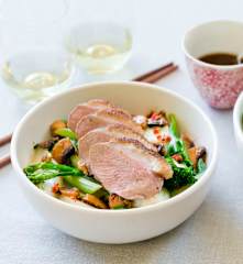 Five spice duck with mushrooms and Asian greens