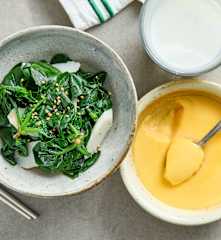 早餐（蒸鸡蛋羹、山药、菠菜配低脂牛奶）