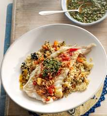 Marinated White Fish Fillets with Chermoula Sauce and Couscous Salad