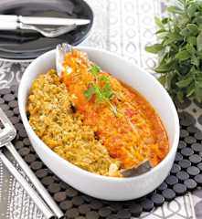 Açorda de tomate e ovas com peixe assado