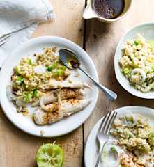 Poulet au gingembre, riz aux oignons