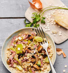 Crozets au bacon, poireau et champignons