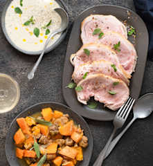 Longe de veau, légumes d'hiver et sauce au cognac