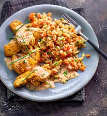 Hähnchen mit Zucchini-Möhren-Reis