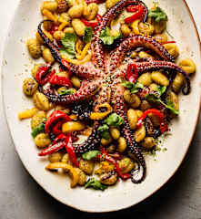 Octopus with gnocchi, capsicum and green mojo sauce