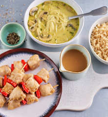 Asian Curried Mushroom Soup; Chicken and Pepper Souvlaki with Rice