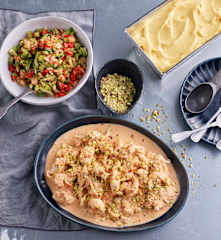 Chicken Strips with Tomato Mascarpone Sauce and Broccoli Salad; Fruit Sorbet