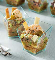 Ensalada templada de lentejas con langostinos y aliño de kiwi