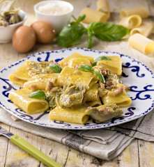 Paccheri risottati con carciofi alla carbonara