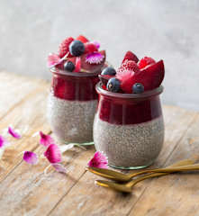 Plum and raspberry chia puddings