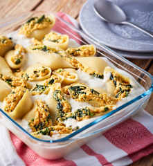 Sweet Potato Stuffed Shells with Cauliflower Alfredo Sauce