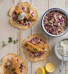 Quinoa crumbed fish with slaw